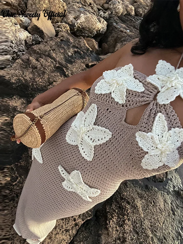 Jenybib - gestricktes weißes Kleid mit 3D-Blume