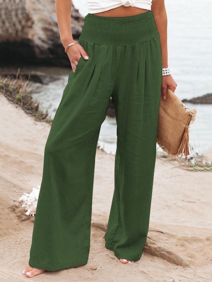 Emma - Khakifarbene Leinen-Sommerhose mit breitem Gummibund und Taschen