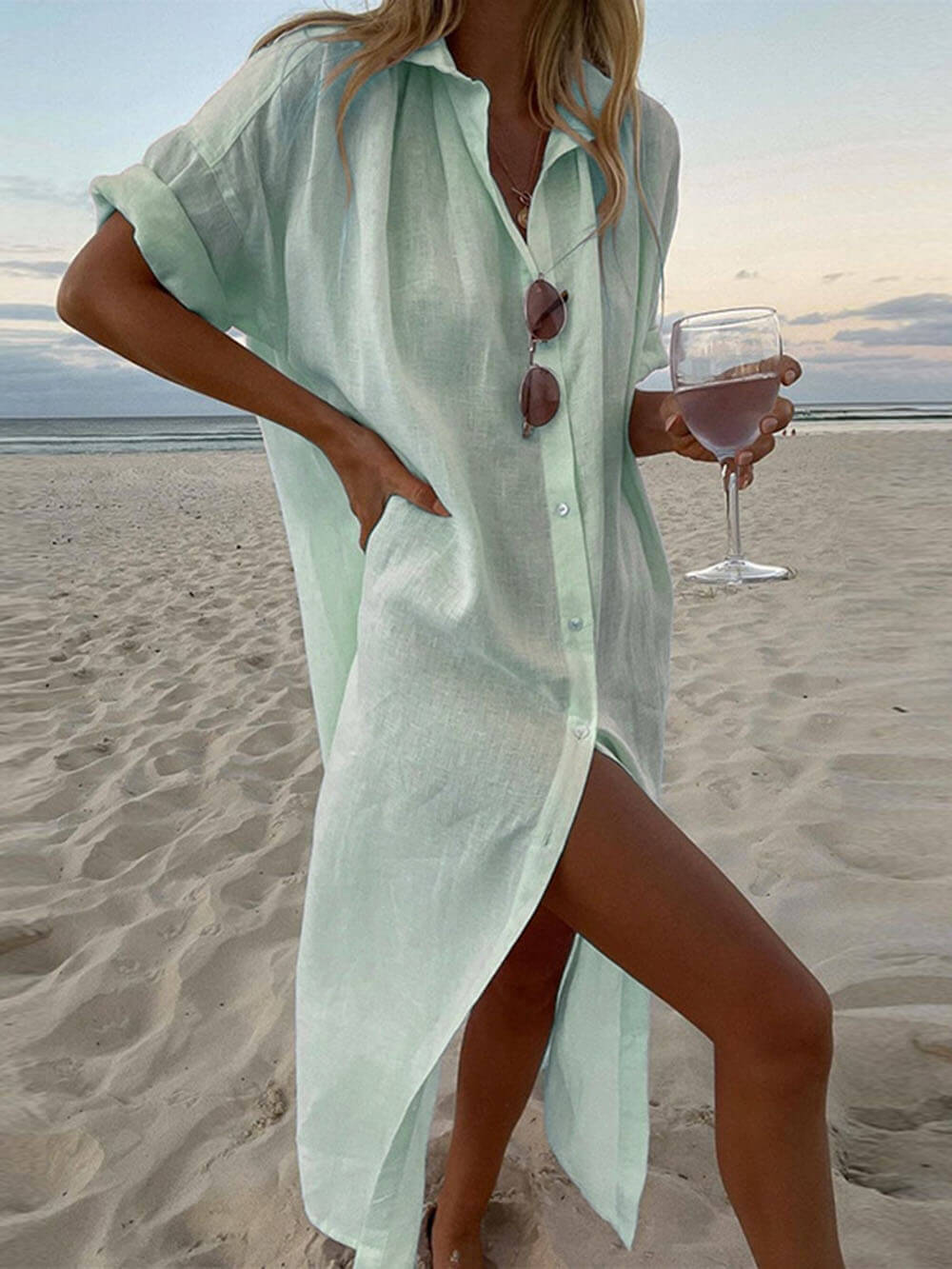 Eva - Elegantes Vertuschung Atmungsaktives Baumwollshirt Maxikleid mit Knopfverschluss für Sommer und Strand