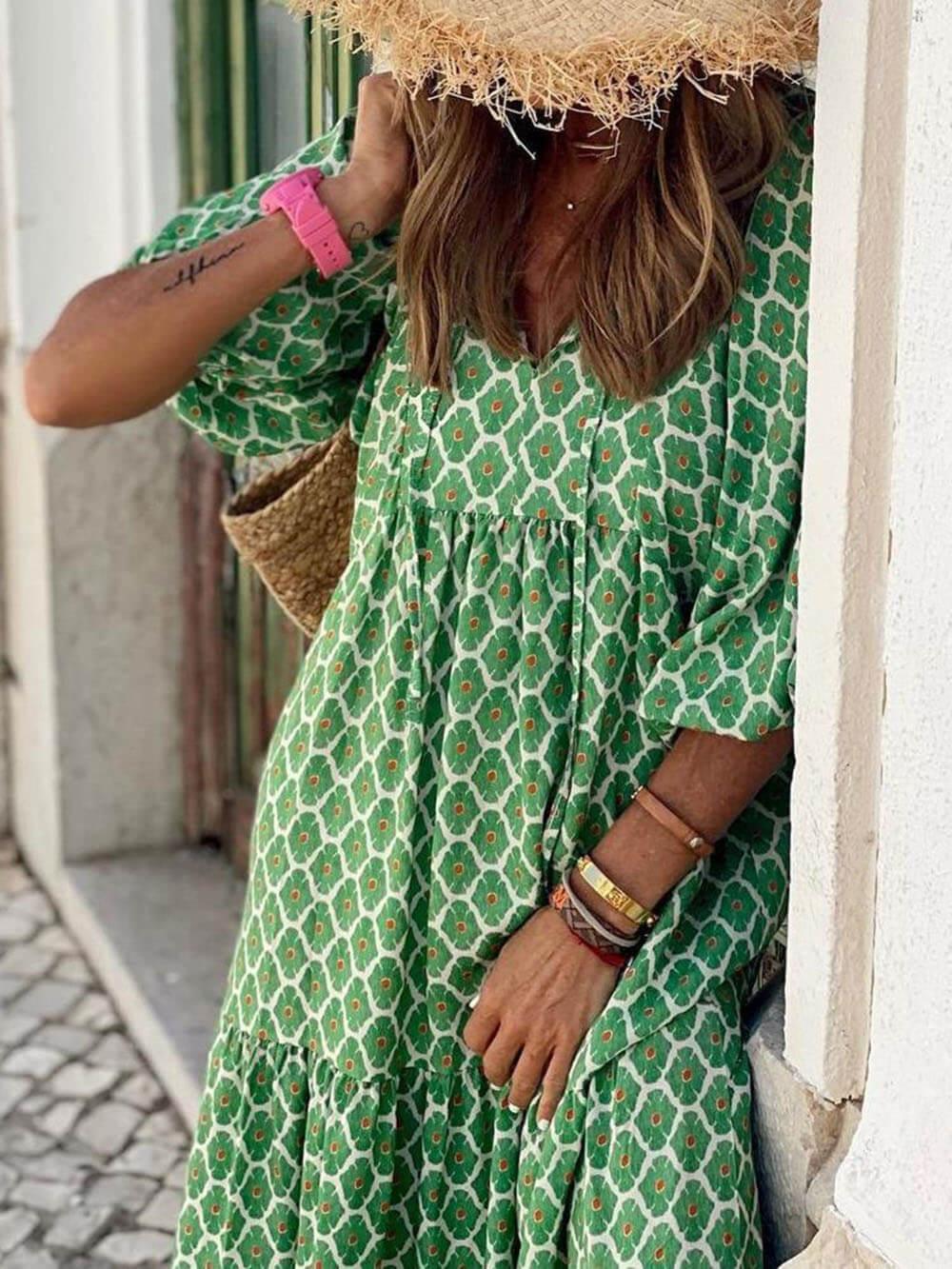 Anna - Elegantes weites Maxikleid in 5 geometrischen Bohemian Prints und leuchtenden Farben