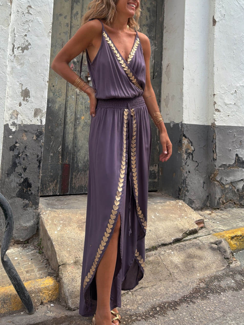 Lotte - Lila Luftig Locker Sommer Faux Wrap Jumpsuit mit Elastisch Hoch Taille Gold Trim