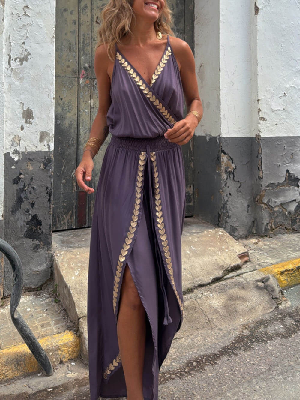 Lotte - Lila Luftig Locker Sommer Faux Wrap Jumpsuit mit Elastisch Hoch Taille Gold Trim