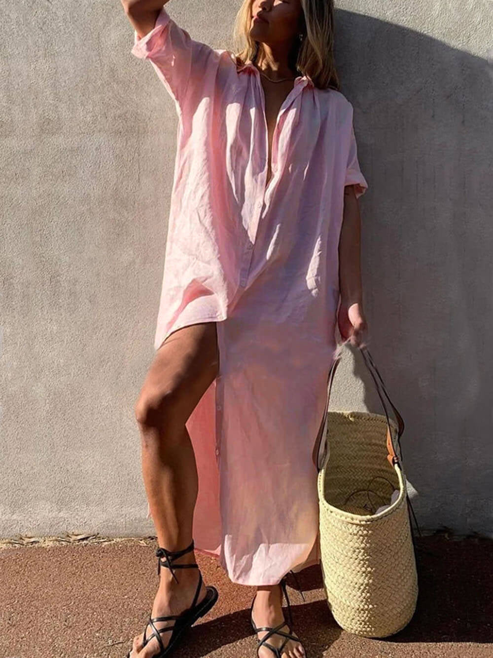 Eva - Elegantes Vertuschung Atmungsaktives Baumwollshirt Maxikleid mit Knopfverschluss für Sommer und Strand
