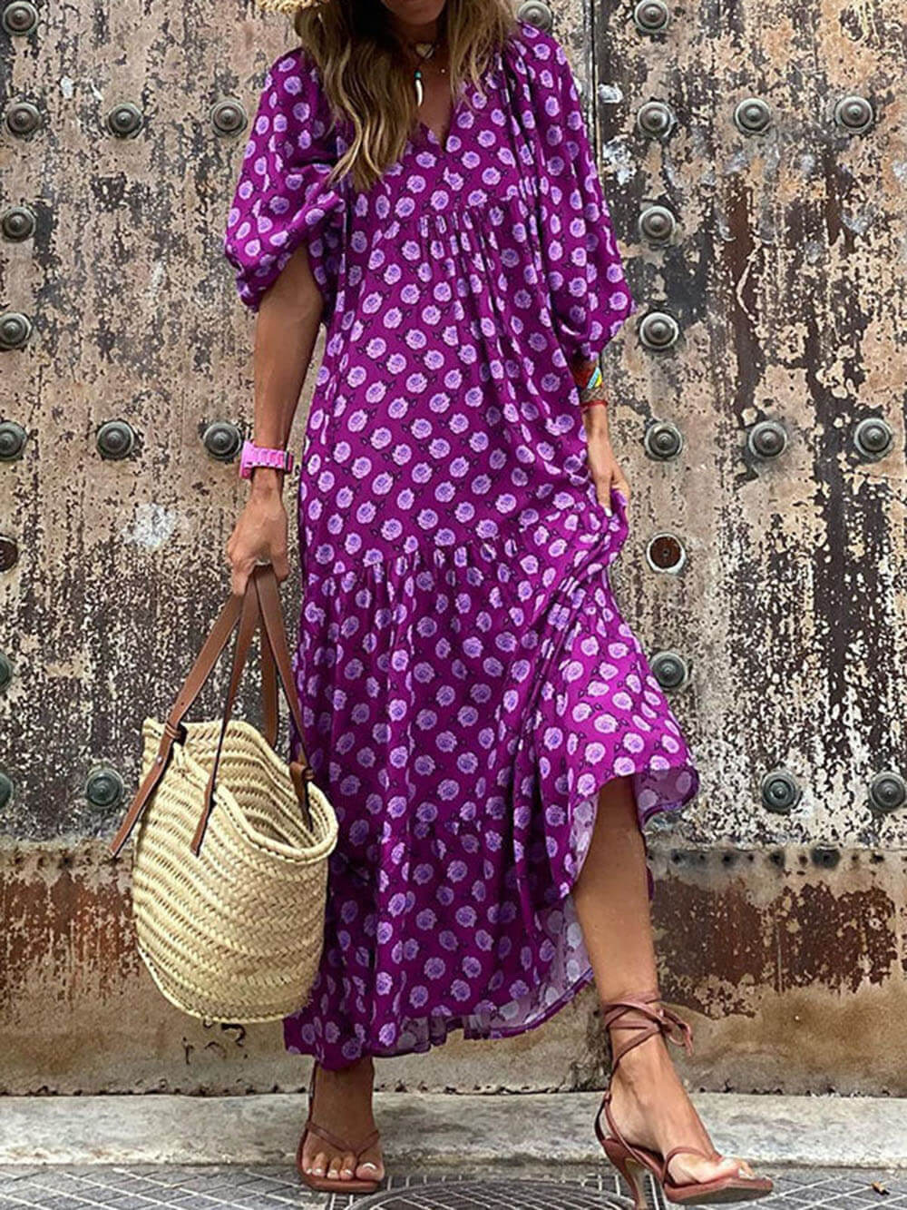 Anna - Elegantes weites Maxikleid in 5 geometrischen Bohemian Prints und leuchtenden Farben