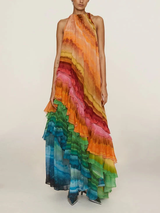 Sara - Atemberaubend elegantes Design Regenbogen buntes asymmetrisches Maxi Halter Kleid mit Rüschen