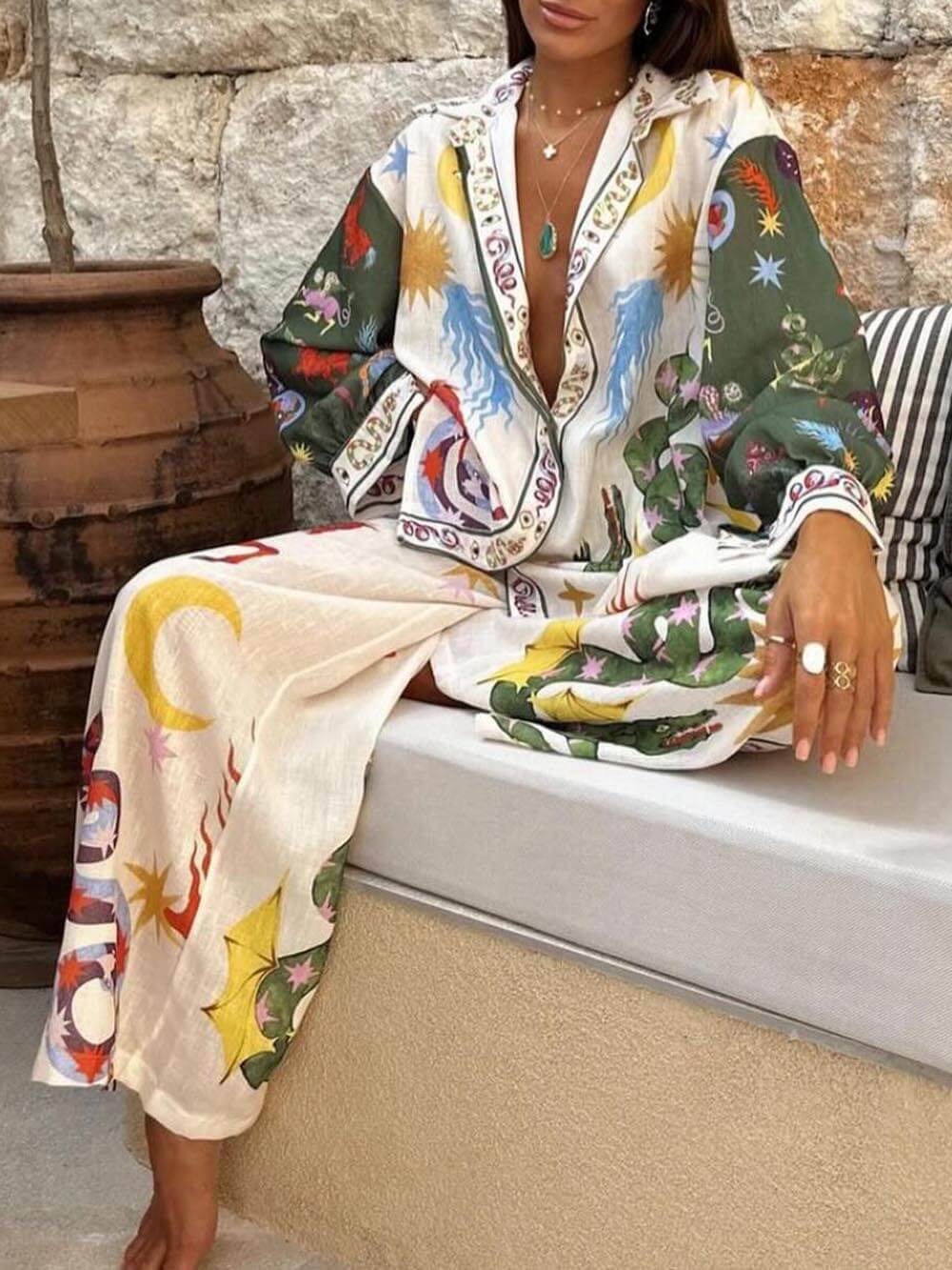 Isabelle - elegantes zweiteiliges Set aus elastischer Leinenhose mit hoher Taille und langärmeligem Hemd mit einzigartigem Sommerdruck