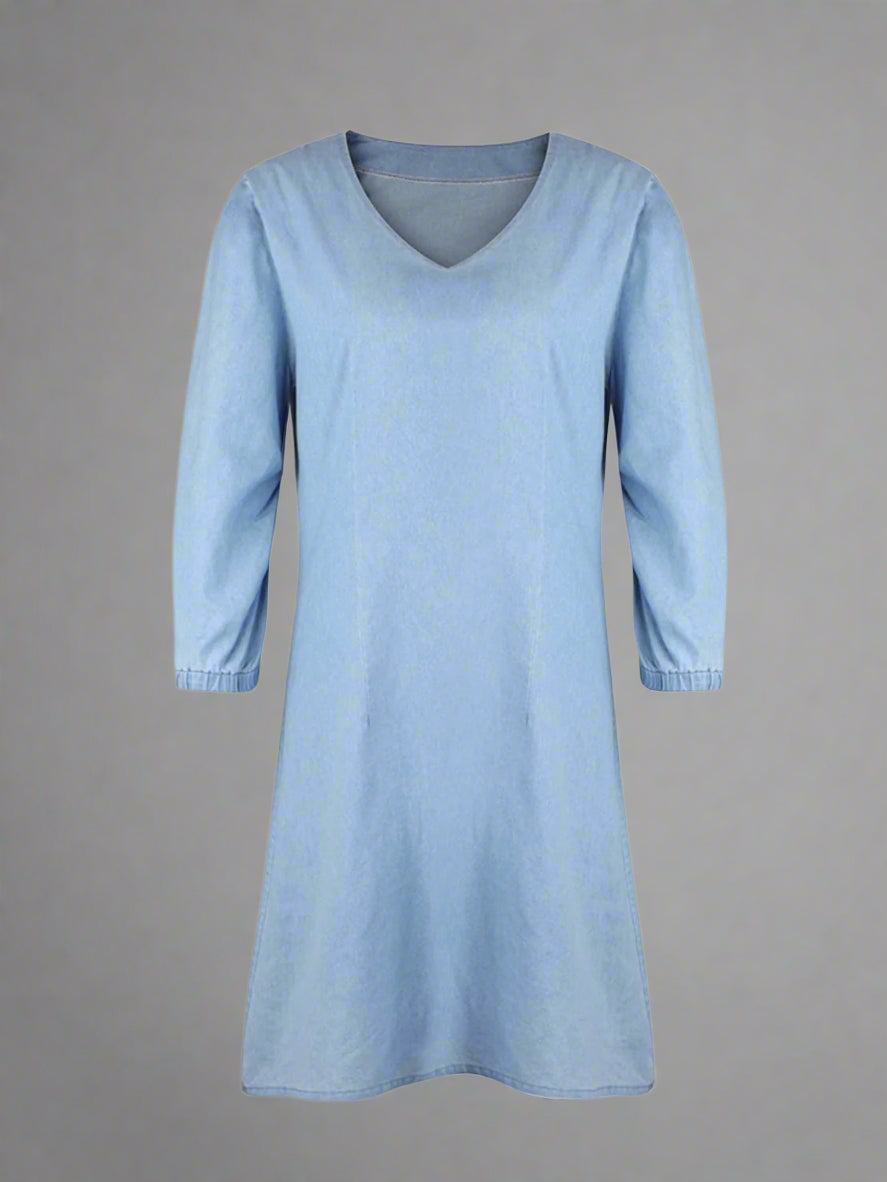 Lily - Denim Kleid mit V-Ausschnitt und Puffärmeln