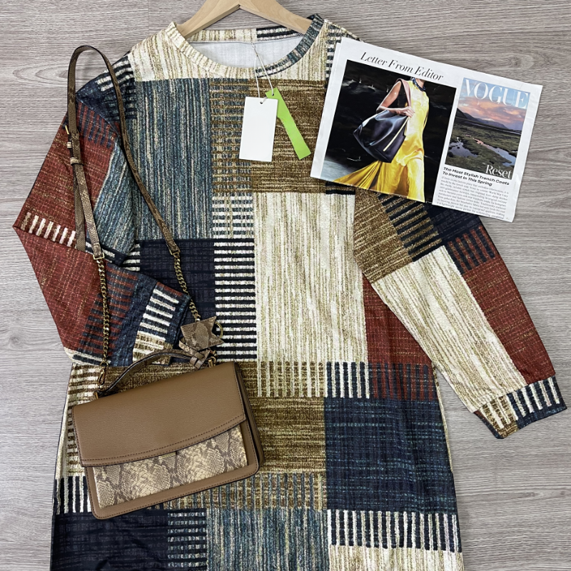 Miani - Retro Print Minikleid Rundhalsausschnitt Pullover