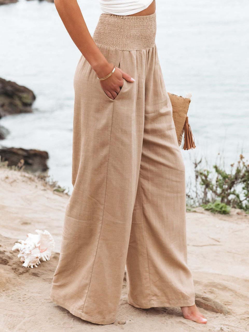 Emma - Khakifarbene Leinen-Sommerhose mit breitem Gummibund und Taschen