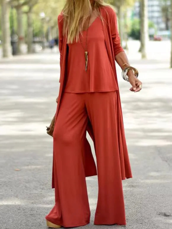 Elsa - Dreiteiliges Sommer-Set mit V-Ausschnitt, singlet lang Weste und unifarbene Hosen mit weitem Bein