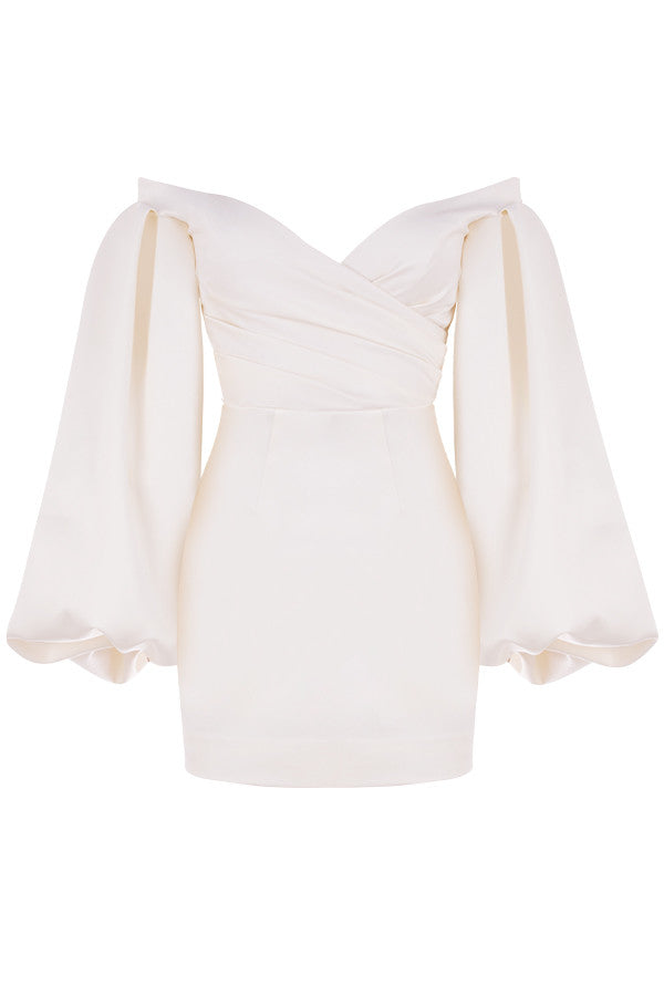 Marlowe - Elfenbeinfarbenes Minikleid aus Satin mit Ballonärmeln