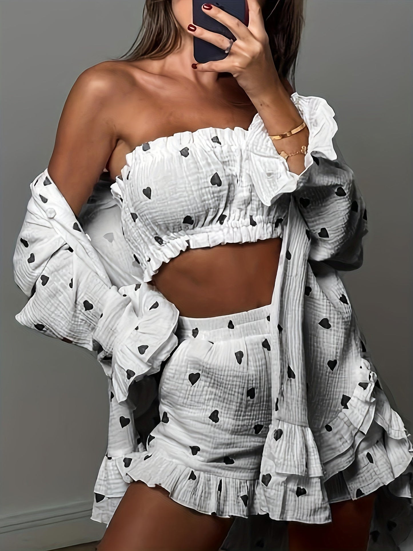 Sientje - Herzen Dreiteiliges Pyjama-Set mit Oberteil, Hose und Weste