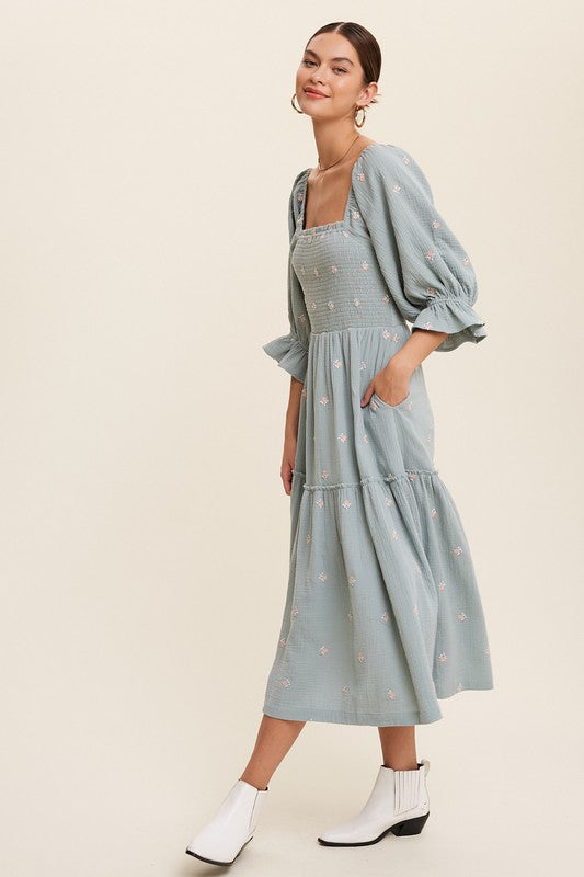 Sophia - Schulterfreies besticktes Midikleid