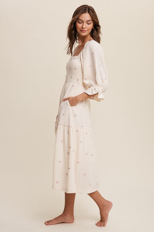 Sophia - Schulterfreies besticktes Midikleid