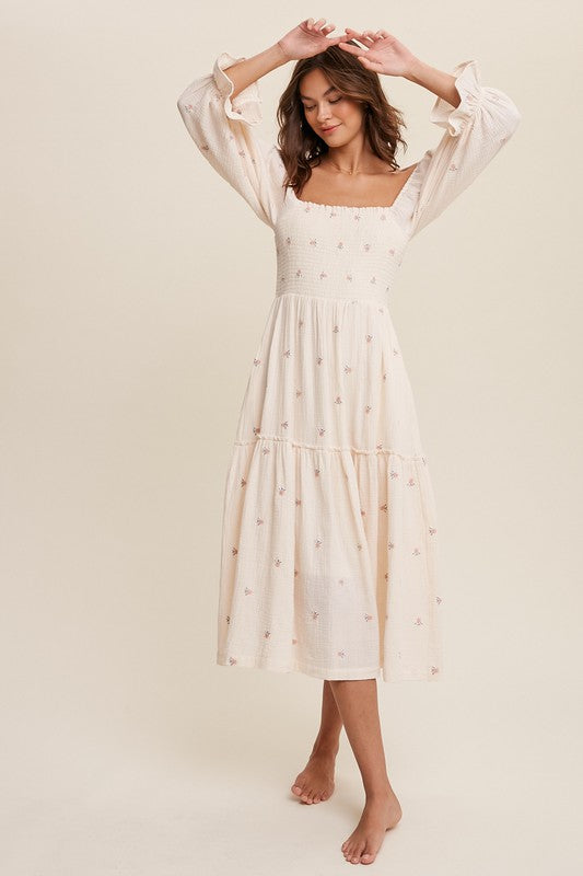 Sophia - Schulterfreies besticktes Midikleid