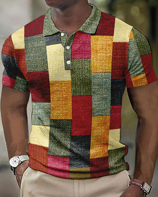 Zilero Kurzarm-Poloshirt mit kreativem Rechteckdruck aus weicher Baumwolle