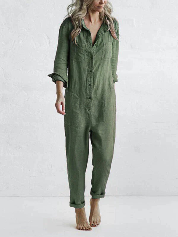 Mia - Leinen zuknöpfen Jumpsuit