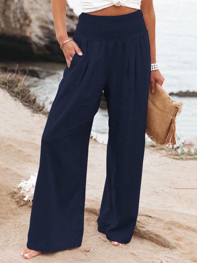 Emma - Khakifarbene Leinen-Sommerhose mit breitem Gummibund und Taschen