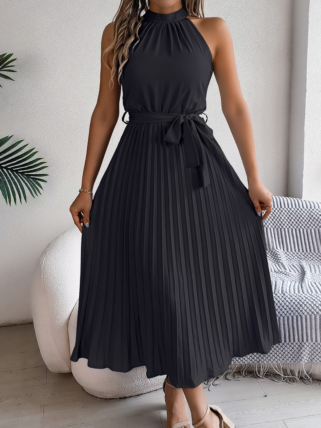 Karin - elegantes plaid lang Halfter Kleid mit Taillenband