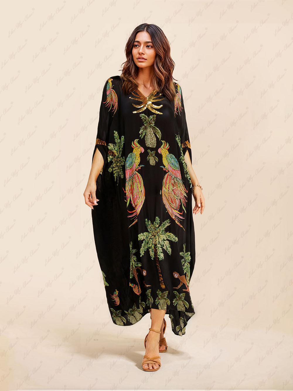 Julia - Elegantes langes Maxi Sommer Kaftan Cover Up Kleid mit einzigartigem Druck V-Ausschnitt und halben Ärmeln