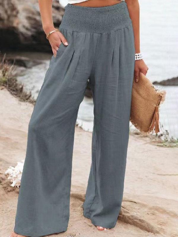Emma - Khakifarbene Leinen-Sommerhose mit breitem Gummibund und Taschen