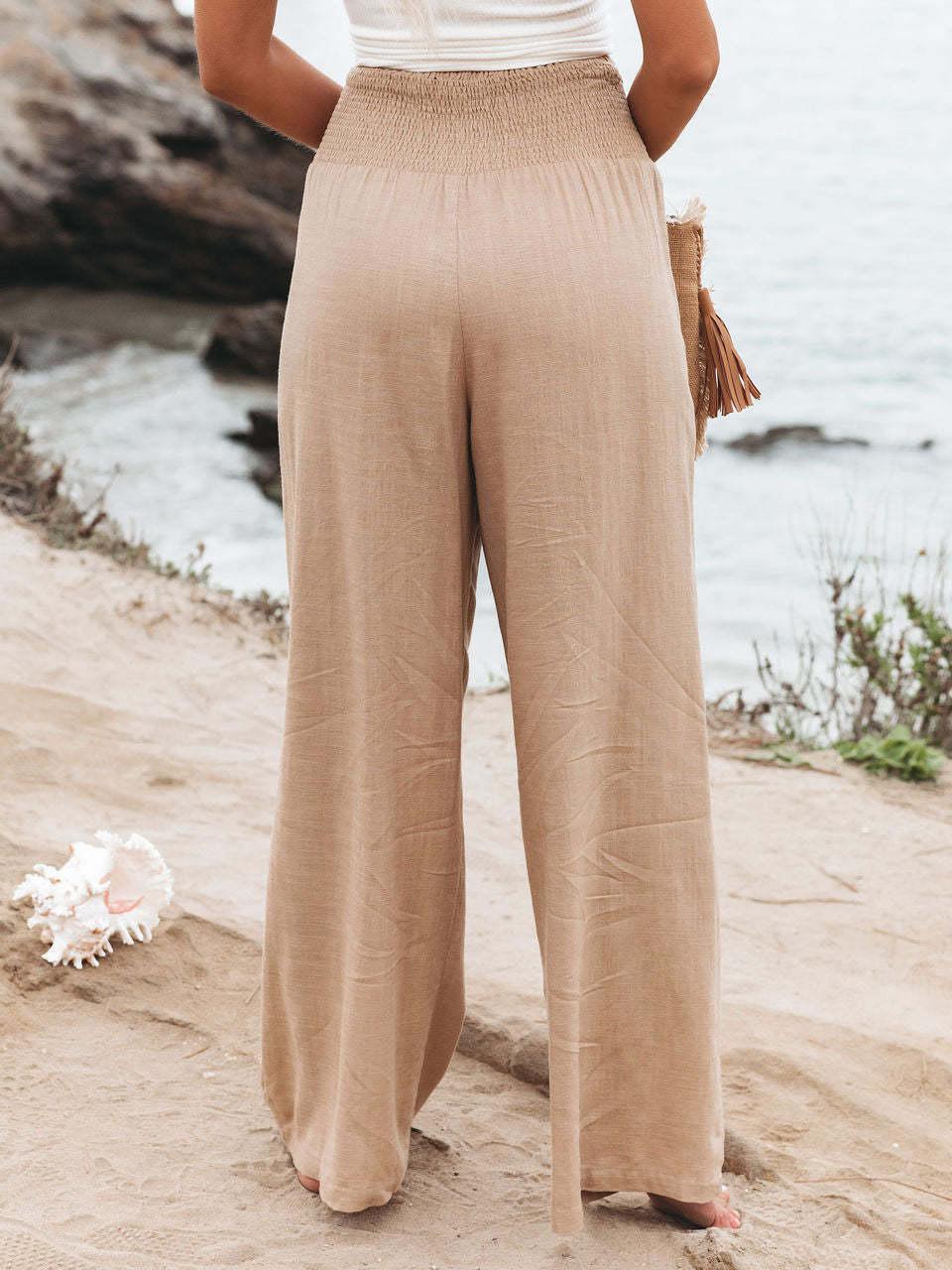 Emma - Khakifarbene Leinen-Sommerhose mit breitem Gummibund und Taschen