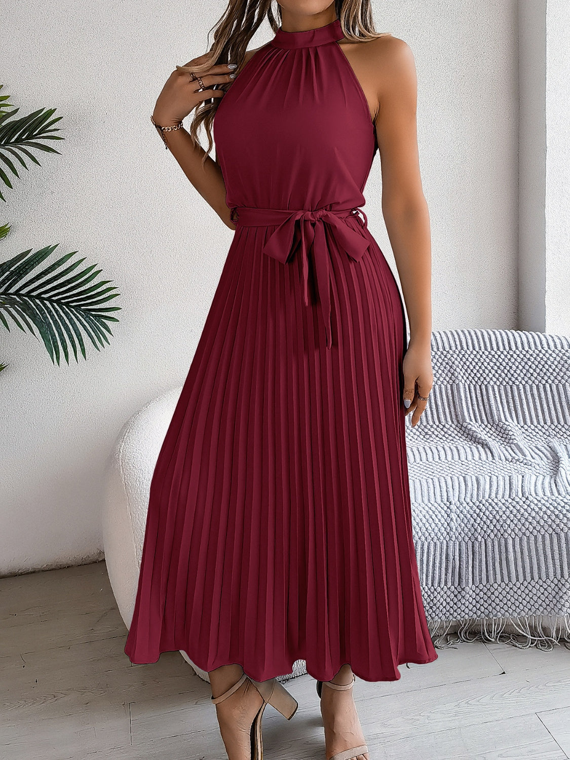Karin - elegantes plaid lang Halfter Kleid mit Taillenband