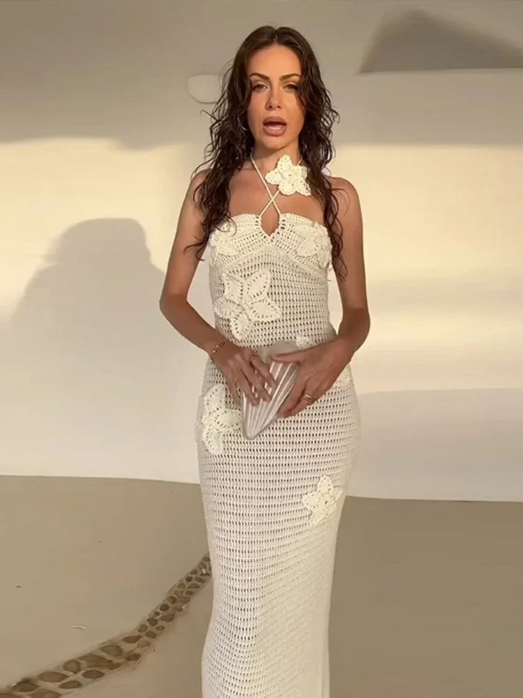 Jenybib - gestricktes weißes Kleid mit 3D-Blume
