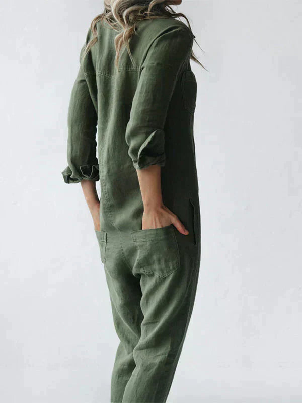 Mia - Leinen zuknöpfen Jumpsuit
