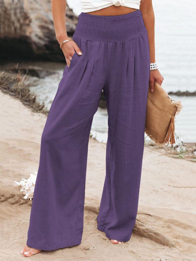 Emma - Khakifarbene Leinen-Sommerhose mit breitem Gummibund und Taschen