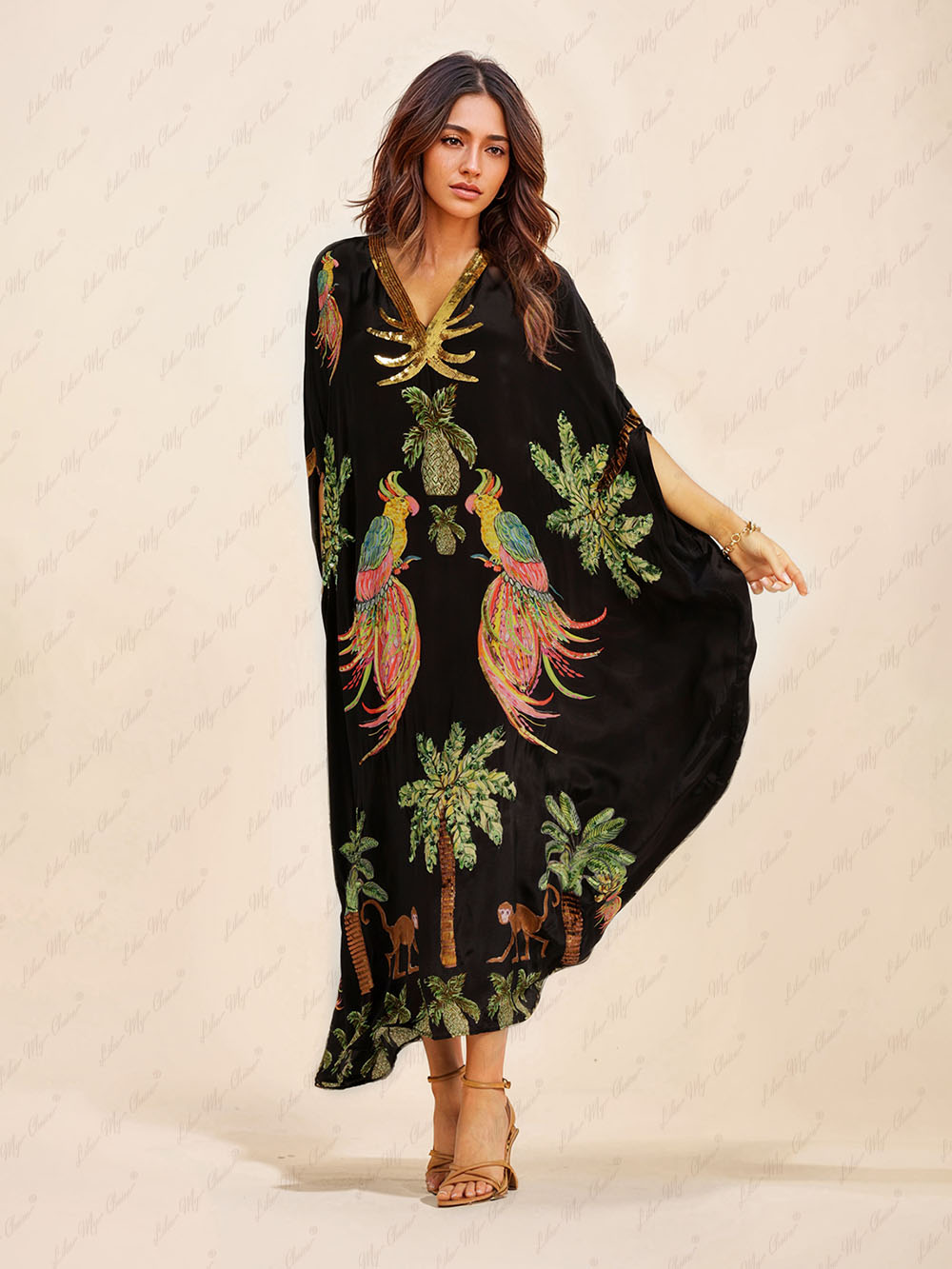 Julia - Elegantes langes Maxi Sommer Kaftan Cover Up Kleid mit einzigartigem Druck V-Ausschnitt und halben Ärmeln