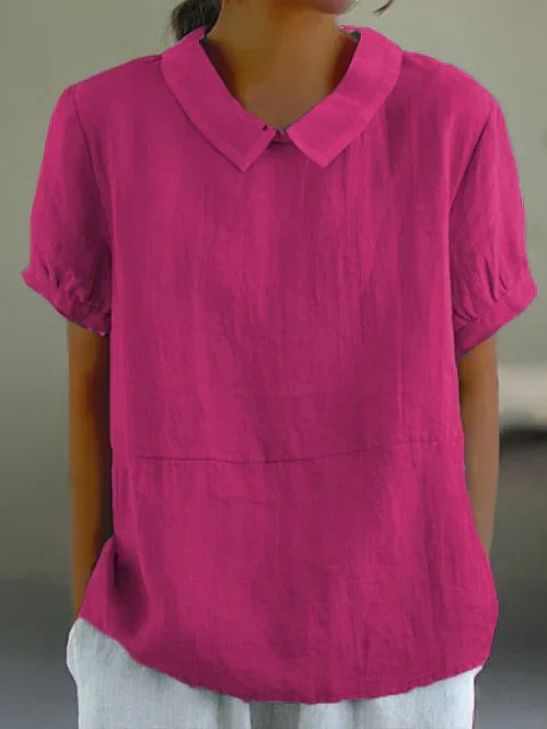 Laura - Klassisches Baumwollleinen Kragen Kurzarm Top in einheitliche Farbe