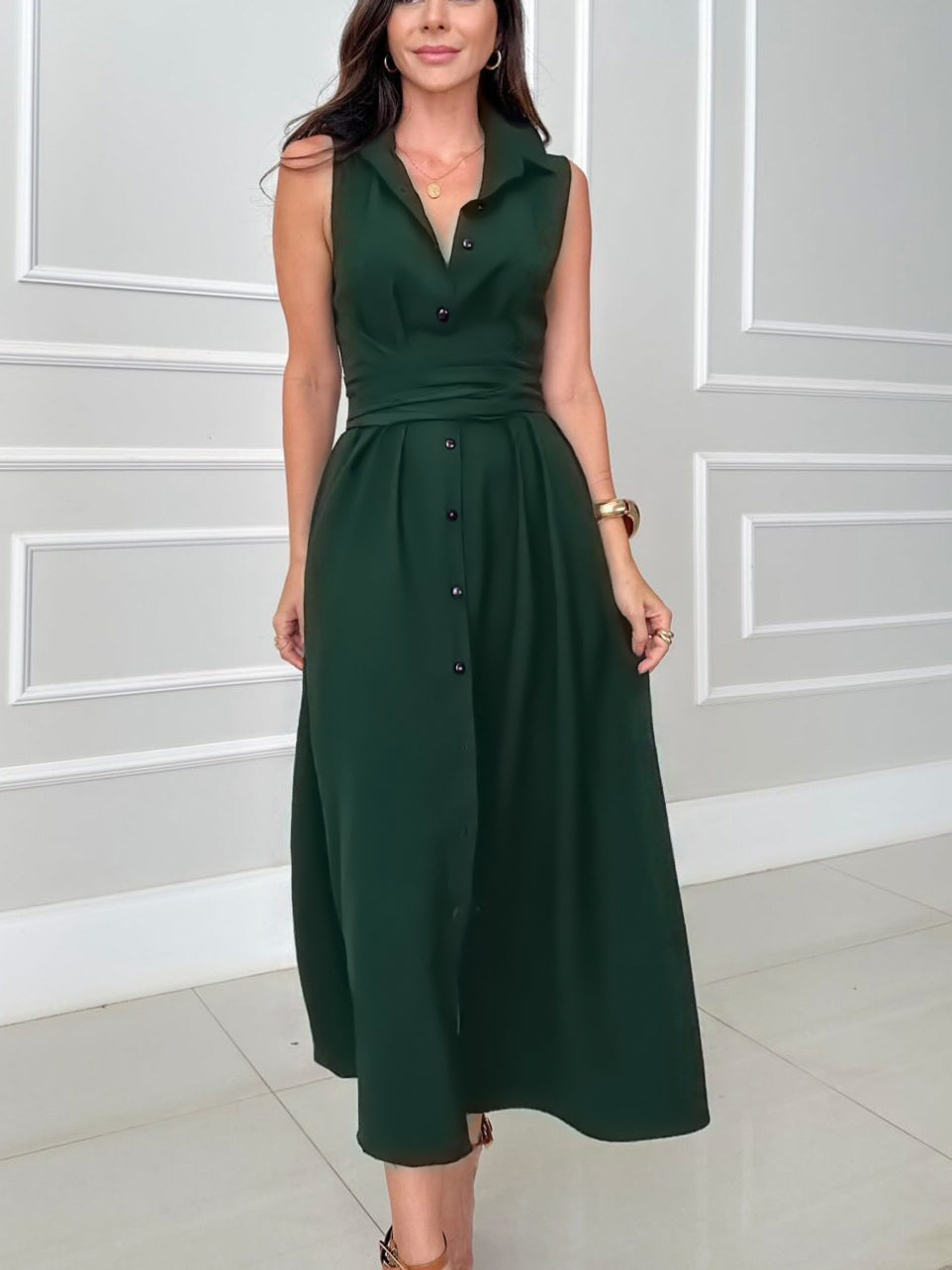 Lotte - ärmelloses tailliertes Hemdblusenkleid mit Knopfverschluss Kragen in solide farbig