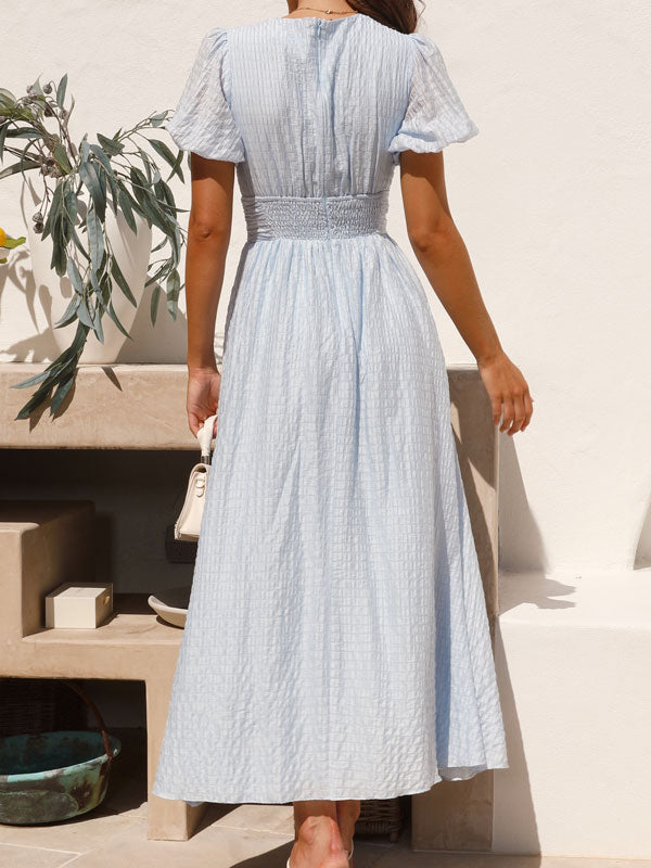 Lotte - Solide Soft Color Knopfverschluss Kleid mit V-Ausschnitt kurze Puffärmel und schlanke Taille