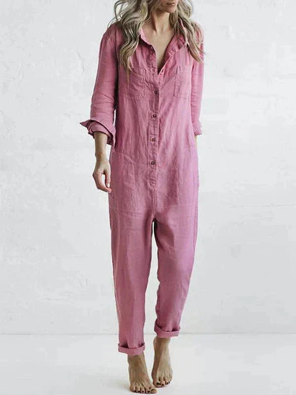 Mia - Leinen zuknöpfen Jumpsuit
