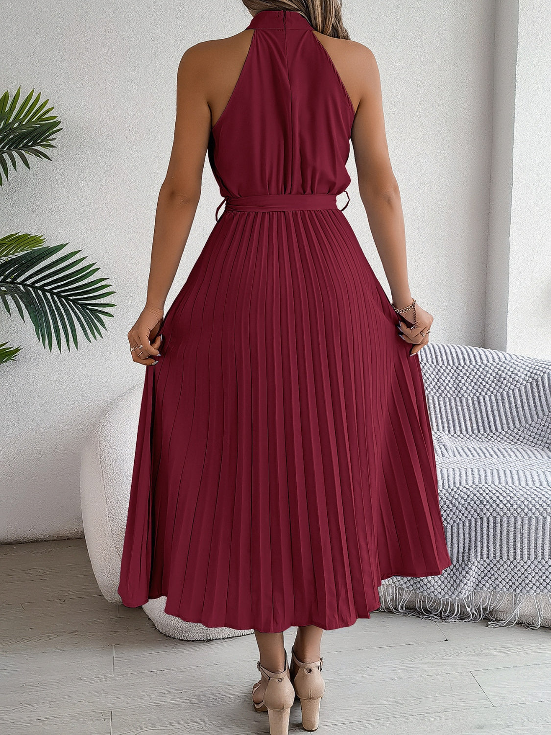 Karin - elegantes plaid lang Halfter Kleid mit Taillenband