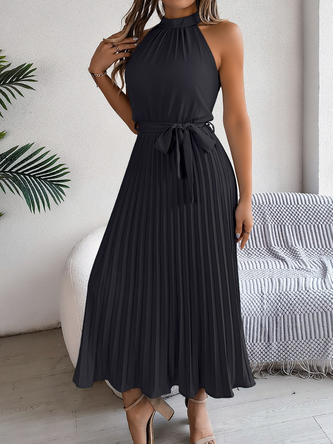 Karin - elegantes plaid lang Halfter Kleid mit Taillenband