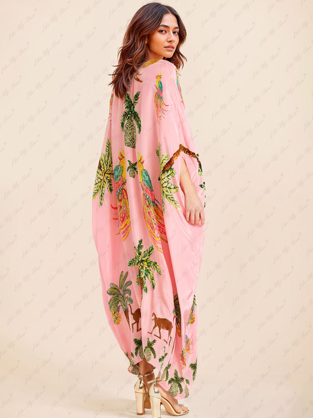 Julia - Elegantes langes Maxi Sommer Kaftan Cover Up Kleid mit einzigartigem Druck V-Ausschnitt und halben Ärmeln
