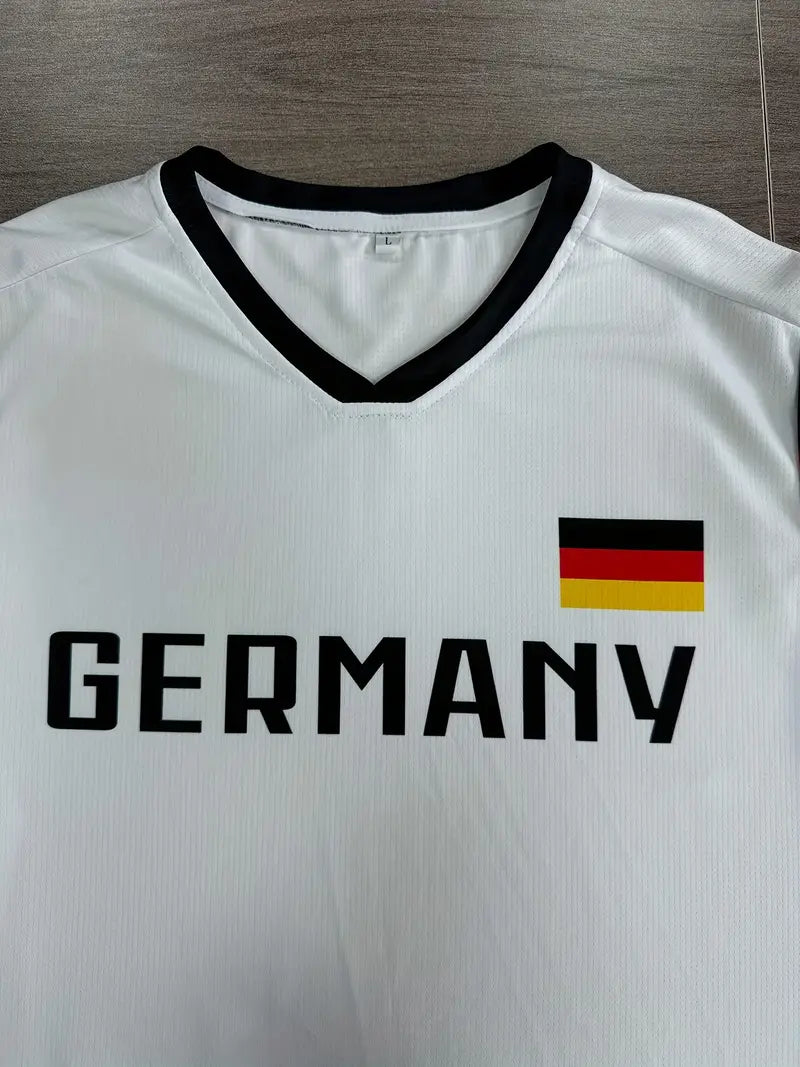 Felix - Weißes Deutschland Fußball-Sport-T-Shirt mit kurzen Ärmeln und hohem Halsausschnitt