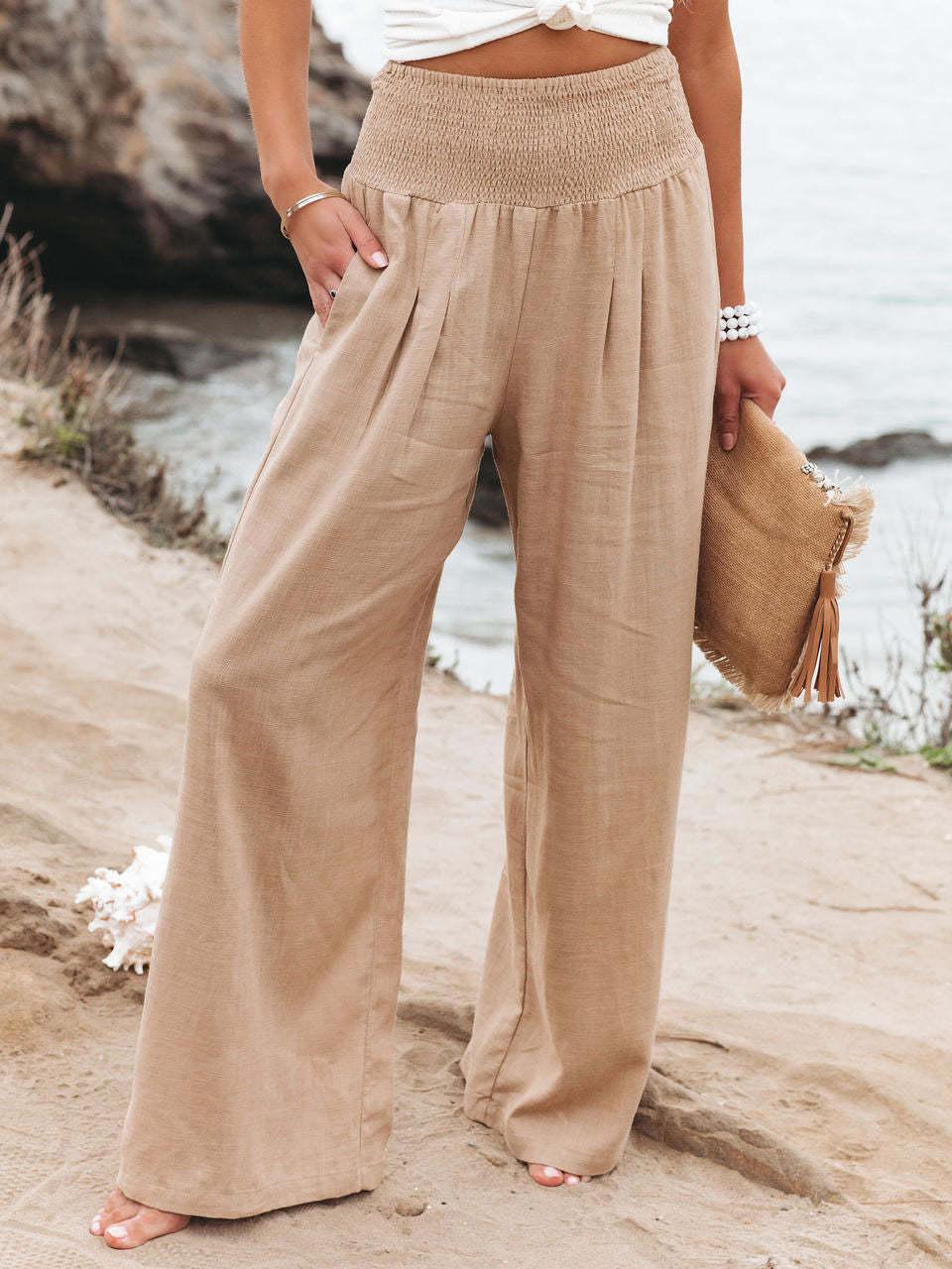 Emma - Khakifarbene Leinen-Sommerhose mit breitem Gummibund und Taschen