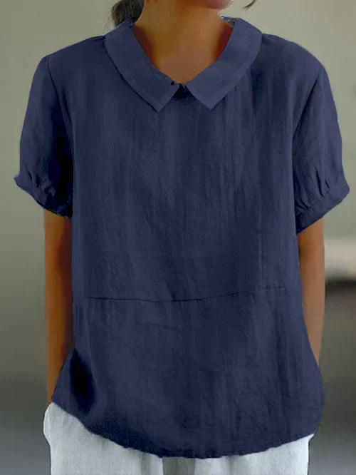 Laura - Klassisches Baumwollleinen Kragen Kurzarm Top in einheitliche Farbe