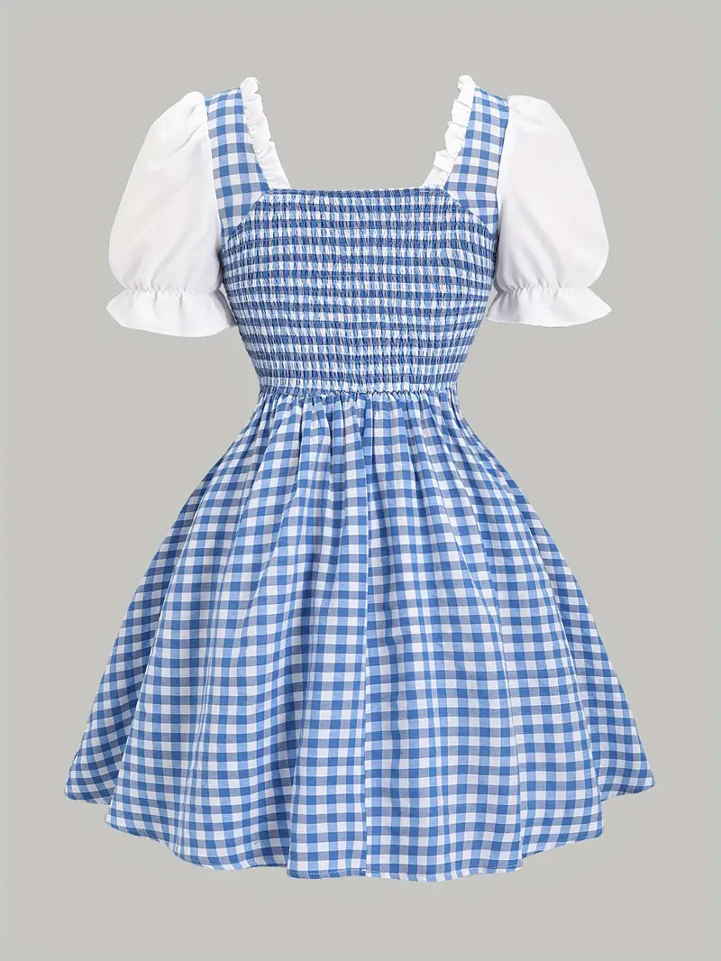 Elke - Hellblaues Niedliches Oktoberfestkleid in Karo mit Korsettschnüren