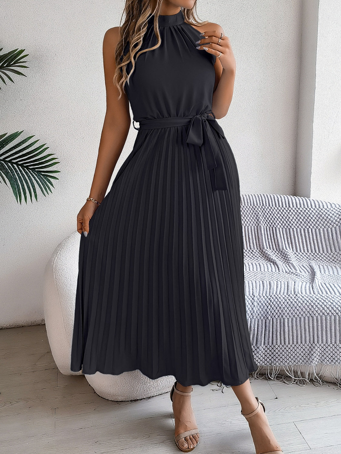 Karin - elegantes plaid lang Halfter Kleid mit Taillenband