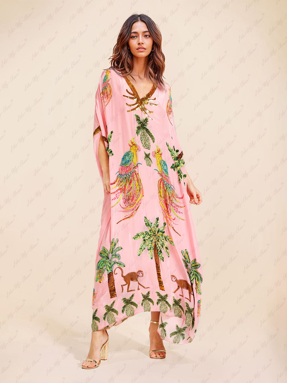 Julia - Elegantes langes Maxi Sommer Kaftan Cover Up Kleid mit einzigartigem Druck V-Ausschnitt und halben Ärmeln