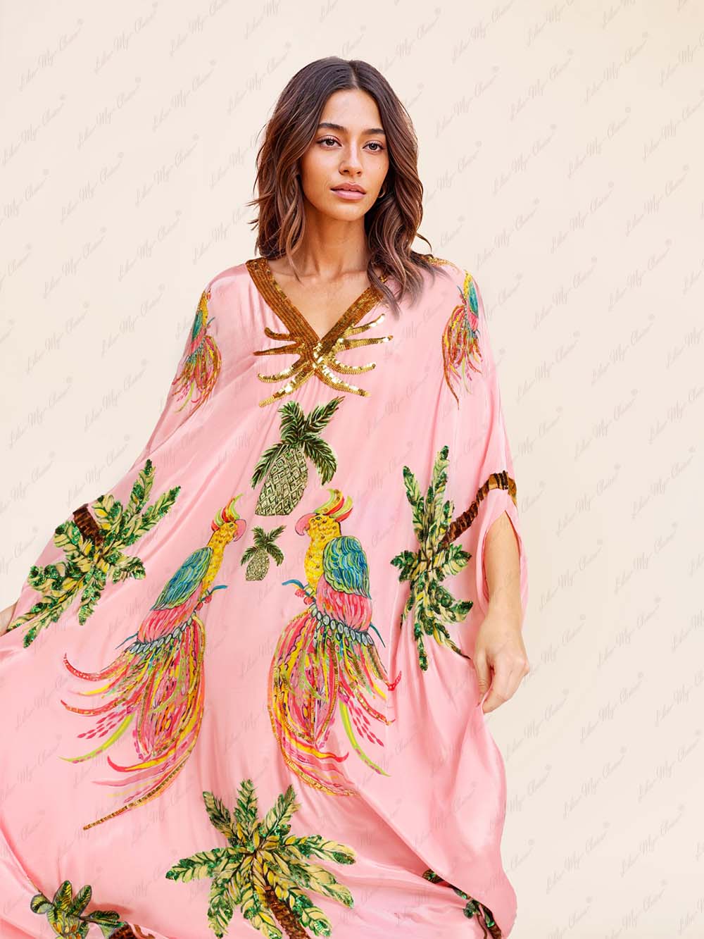 Julia - Elegantes langes Maxi Sommer Kaftan Cover Up Kleid mit einzigartigem Druck V-Ausschnitt und halben Ärmeln