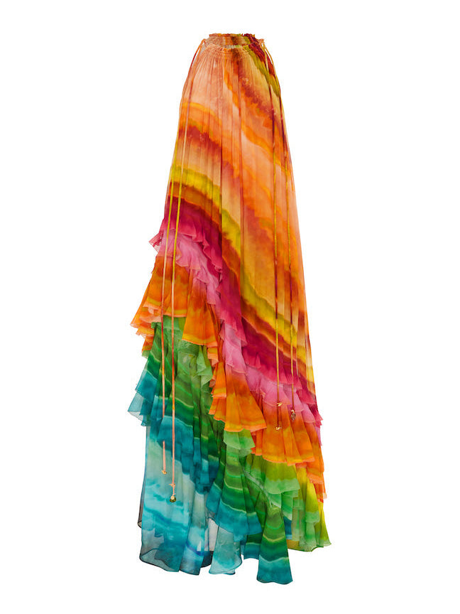 Sara - Atemberaubend elegantes Design Regenbogen buntes asymmetrisches Maxi Halter Kleid mit Rüschen