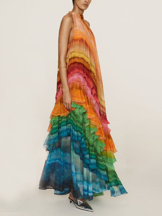Sara - Atemberaubend elegantes Design Regenbogen buntes asymmetrisches Maxi Halter Kleid mit Rüschen