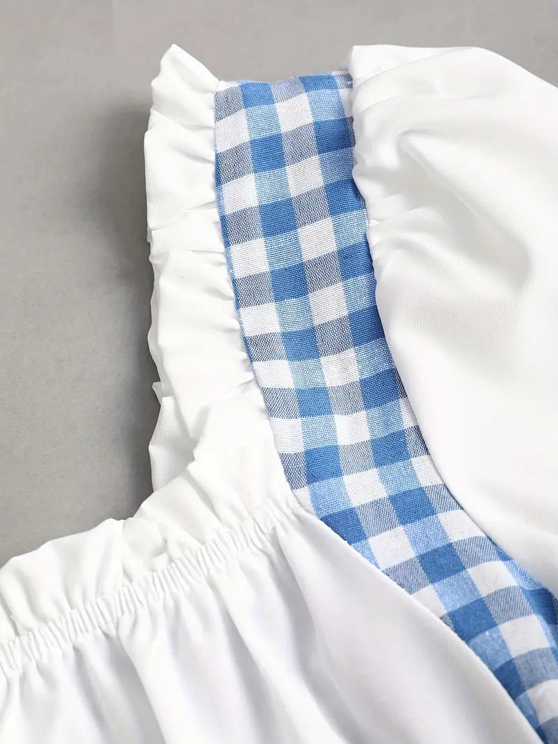 Elke - Hellblaues Niedliches Oktoberfestkleid in Karo mit Korsettschnüren