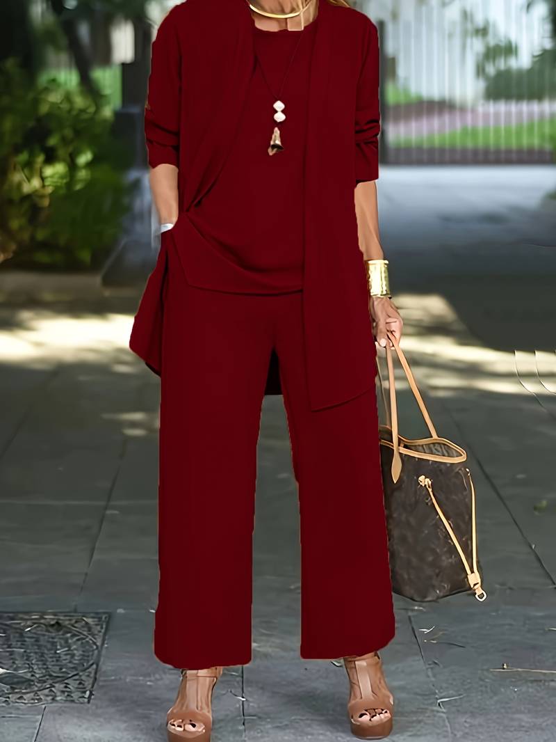 Maria - Lässiges dreiteiliges Set aus Strickjacke, Oberteil und langer Hose