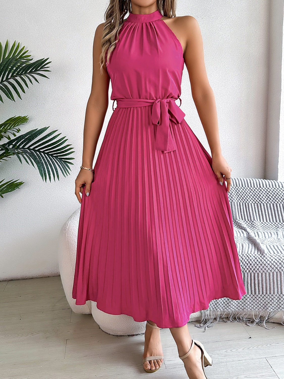 Karin - elegantes plaid lang Halfter Kleid mit Taillenband